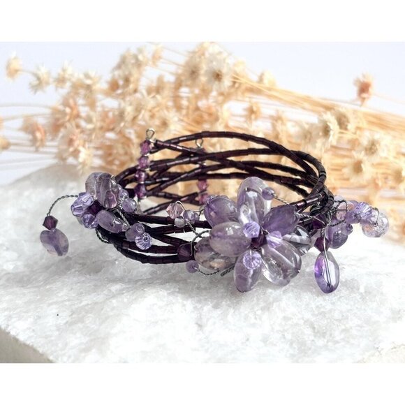 Jewelry - Wrap Around Purple Beaded Vintage Floral Multi Layered Bracelet